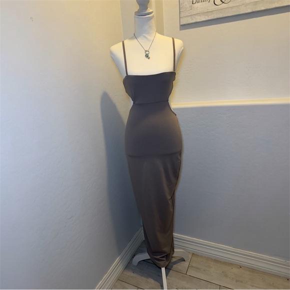 Taupe Cut Out Maxi Dress Adjustable Straps Bodycon Minimalist - Picture 5 of 5